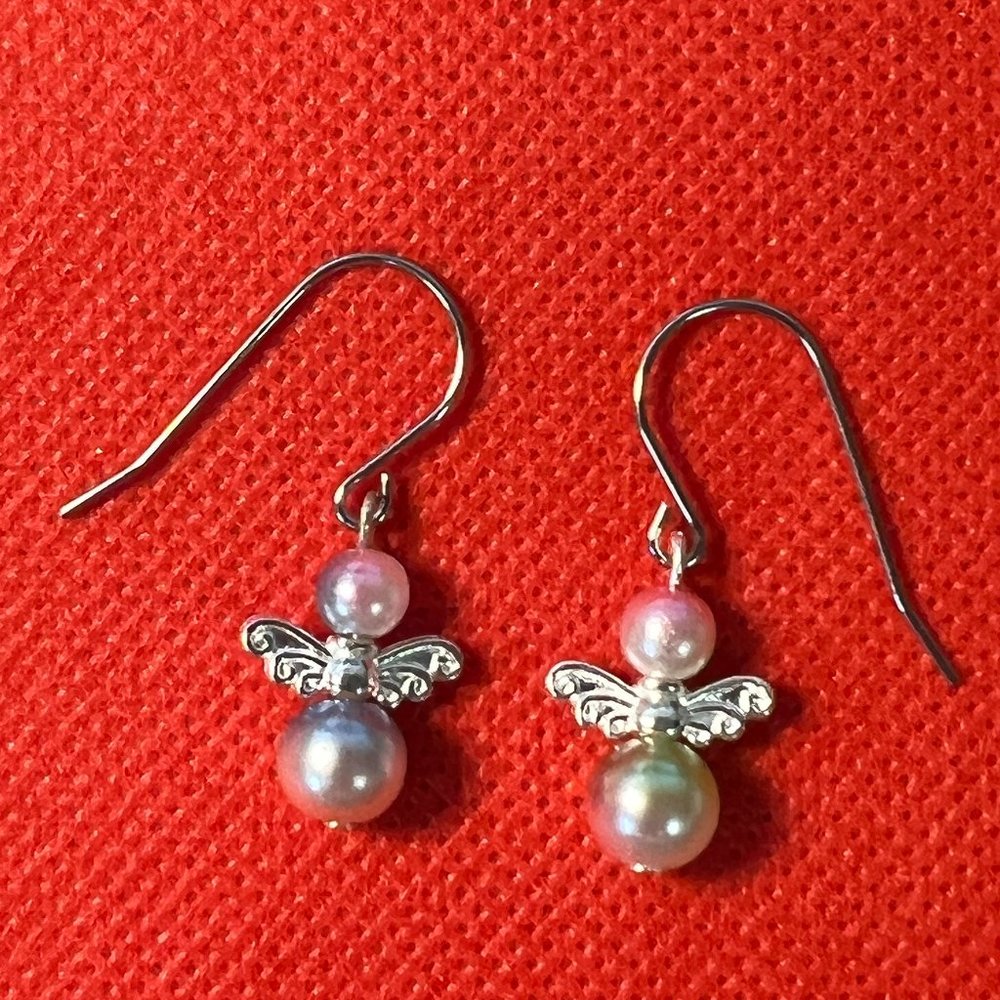 Angel (#6) White Pink and Blue Silver Tone French Hook Pierced Earrings 0252